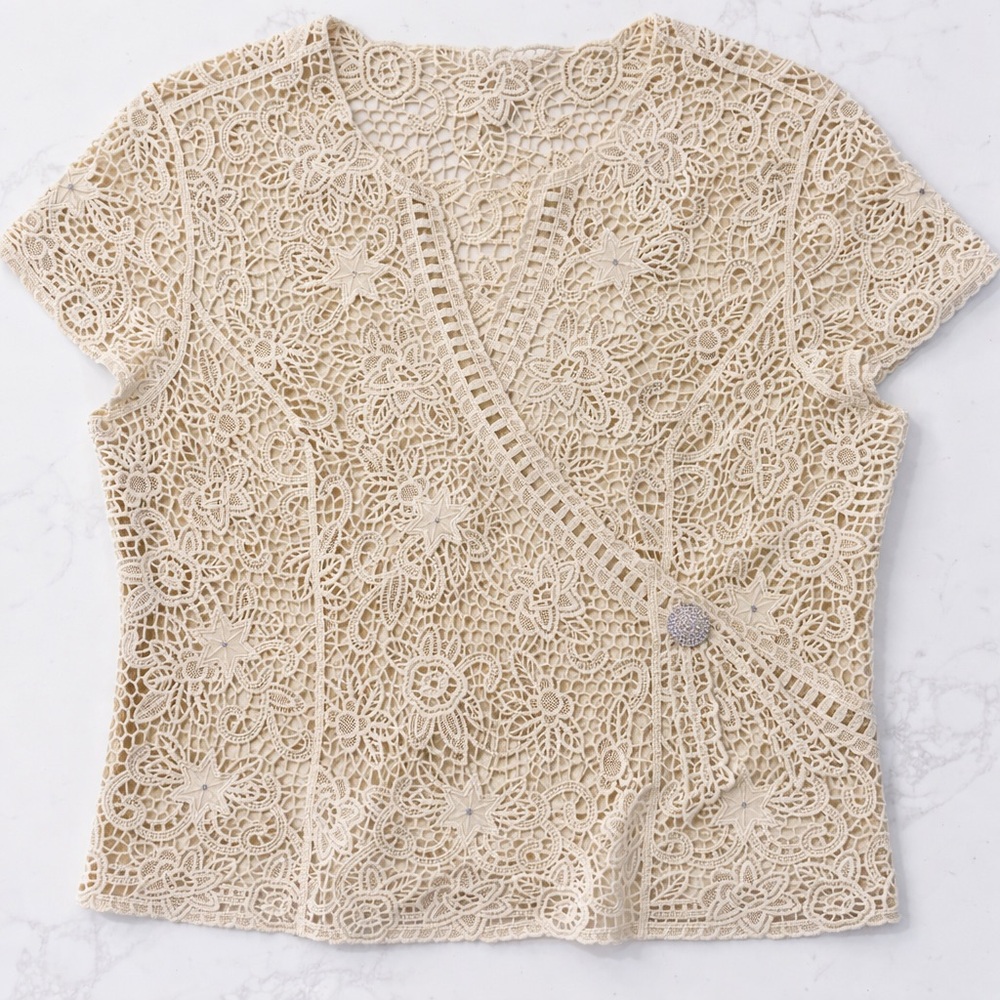 Lafei Nier Ivory Lace Top Womens 3X NWT Crystal Embellished Floral Blouse - Picture 2 of 9